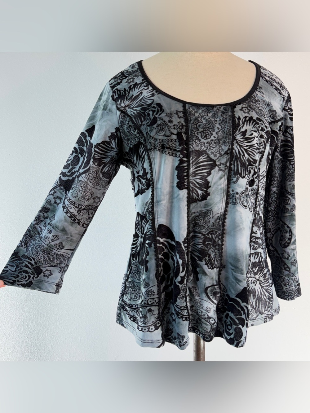 Vintage Y2K Sami Jo‎ Gray Burnout Black Floral Top Fairy Grunge Whimsigoth Large